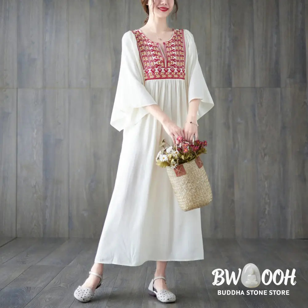 Buddha Stones Embroidery Notched Ruffled Hem Midi Dress With Pockets - Midi Dress