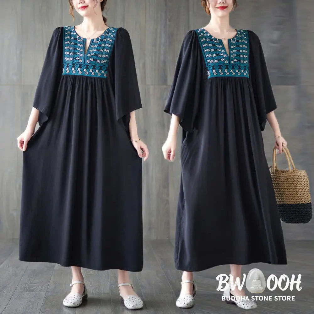 Buddha Stones Embroidery Notched Ruffled Hem Midi Dress With Pockets - Midi Dress