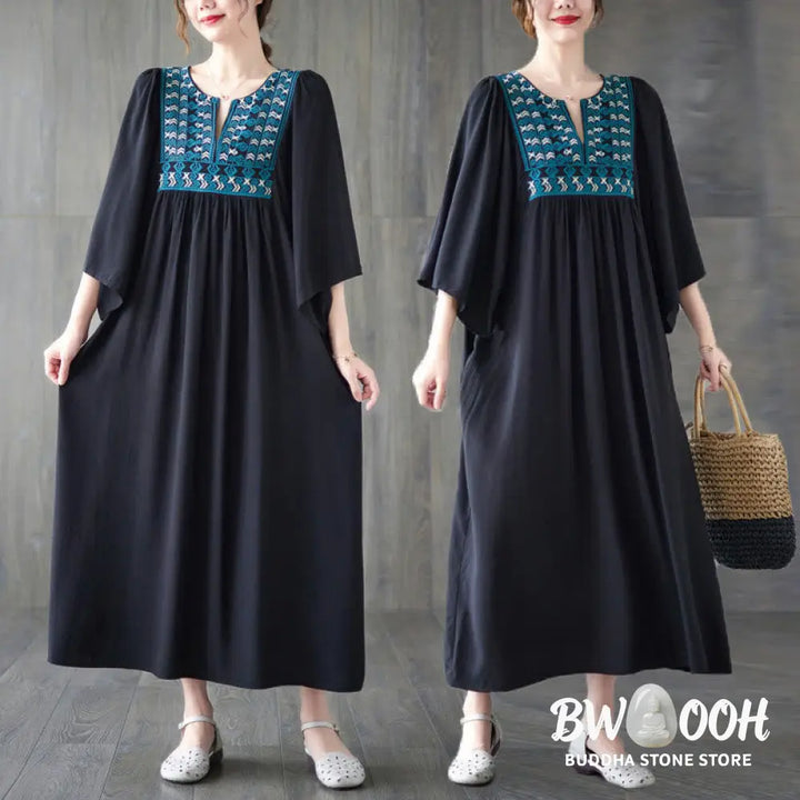 Buddha Stones Embroidery Notched Ruffled Hem Midi Dress With Pockets - Midi Dress