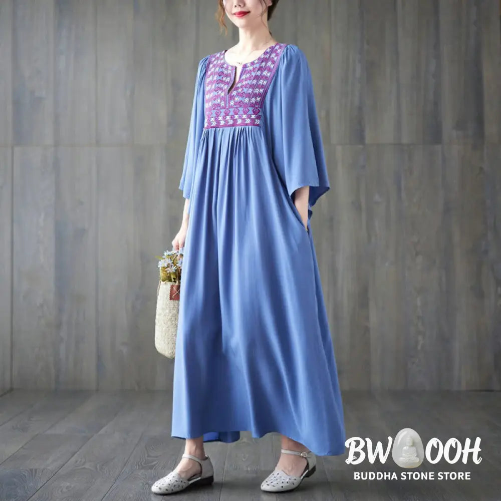 Buddha Stones Embroidery Notched Ruffled Hem Midi Dress With Pockets - Midi Dress