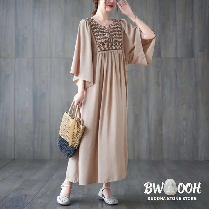 Buddha Stones Embroidery Notched Ruffled Hem Midi Dress With Pockets - Midi Dress