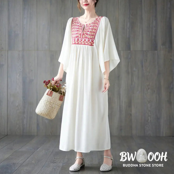 Buddha Stones Embroidery Notched Ruffled Hem Midi Dress With Pockets - Midi Dress