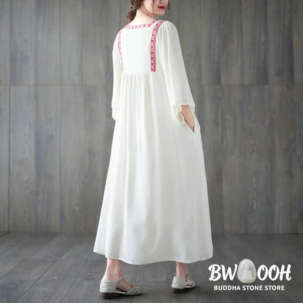 Buddha Stones Embroidery Notched Ruffled Hem Midi Dress With Pockets - Midi Dress
