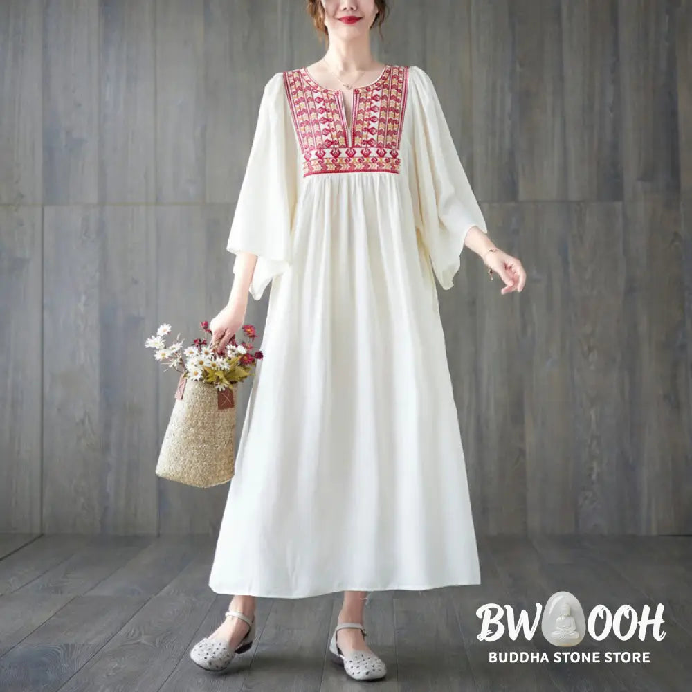 Buddha Stones Embroidery Notched Ruffled Hem Midi Dress With Pockets - Midi Dress