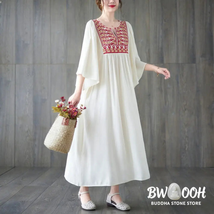 Buddha Stones Embroidery Notched Ruffled Hem Midi Dress With Pockets - Midi Dress