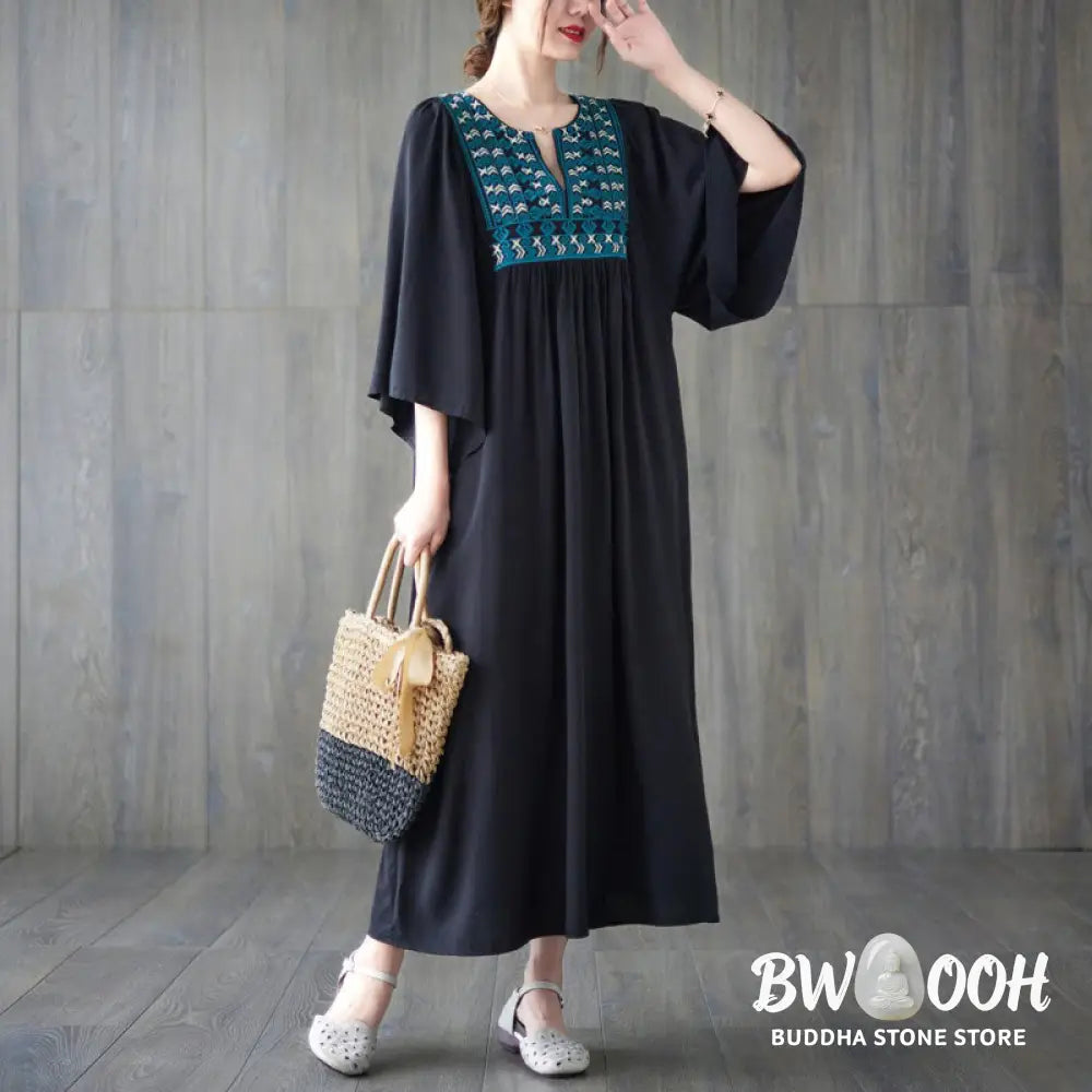 Buddha Stones Embroidery Notched Ruffled Hem Midi Dress With Pockets - Midi Dress