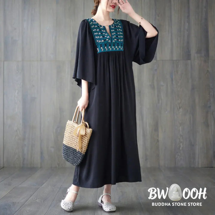 Buddha Stones Embroidery Notched Ruffled Hem Midi Dress With Pockets - Midi Dress