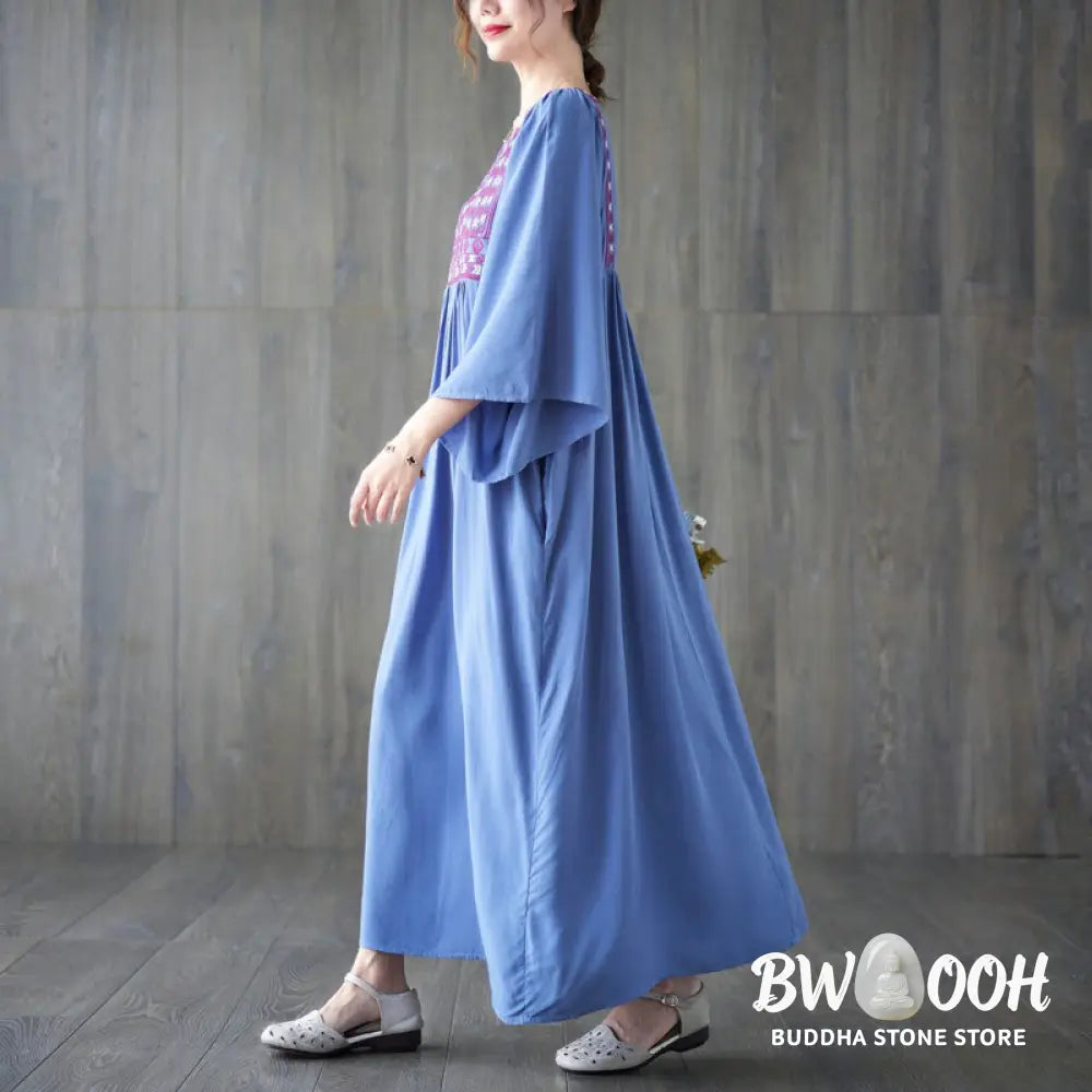 Buddha Stones Embroidery Notched Ruffled Hem Midi Dress With Pockets - Midi Dress