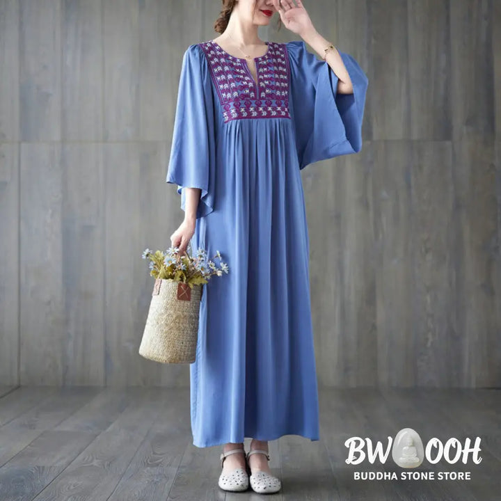 Buddha Stones Embroidery Notched Ruffled Hem Midi Dress With Pockets - Midi Dress