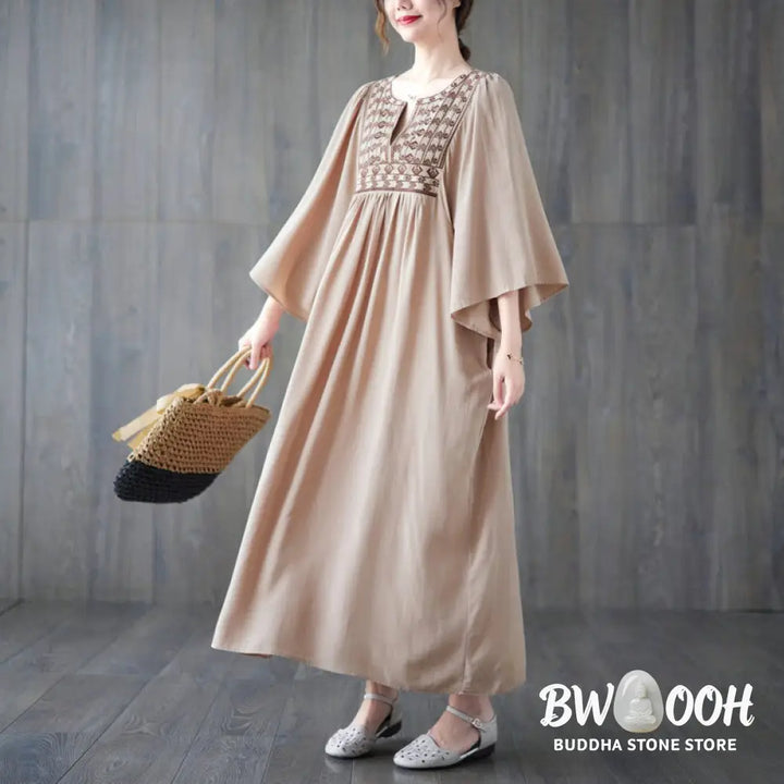 Buddha Stones Embroidery Notched Ruffled Hem Midi Dress With Pockets - Midi Dress