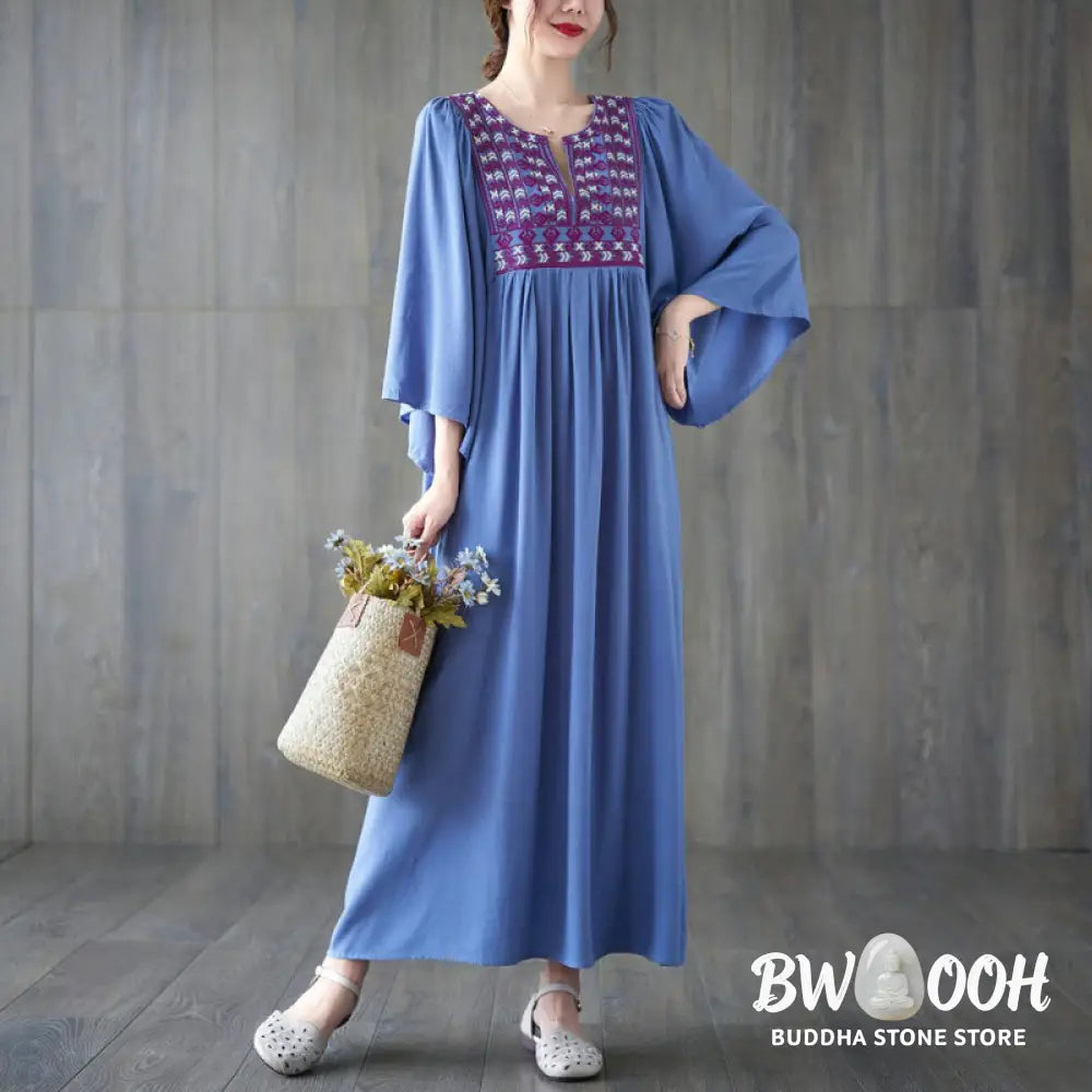 Buddha Stones Embroidery Notched Ruffled Hem Midi Dress With Pockets - Midi Dress