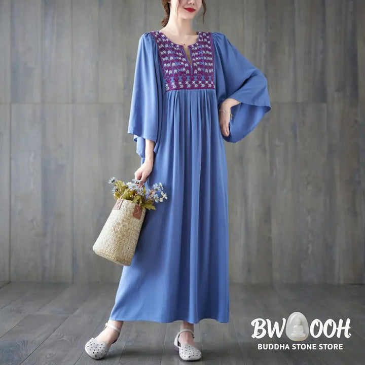 Buddha Stones Embroidery Notched Ruffled Hem Midi Dress With Pockets - Midi Dress