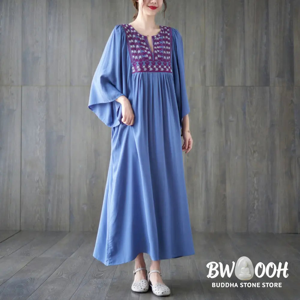Buddha Stones Embroidery Notched Ruffled Hem Midi Dress With Pockets - Midi Dress