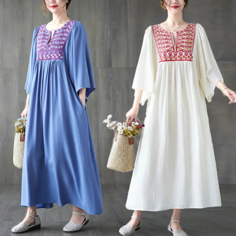 BWOOOH Embroidery Notched Ruffled Hem Midi Dress With Poc