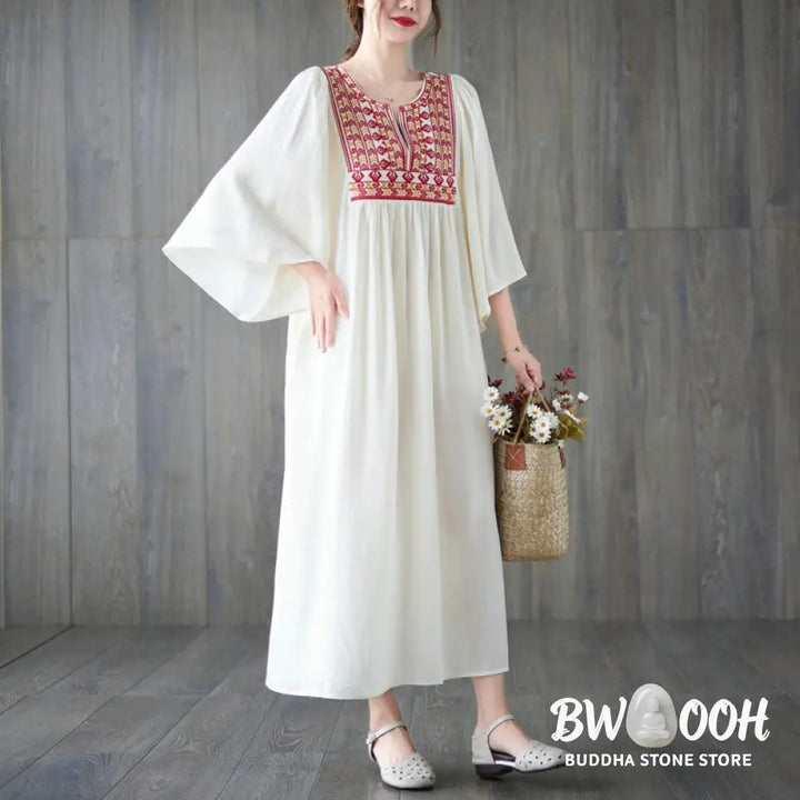 Buddha Stones Embroidery Notched Ruffled Hem Midi Dress With Pockets - Midi Dress