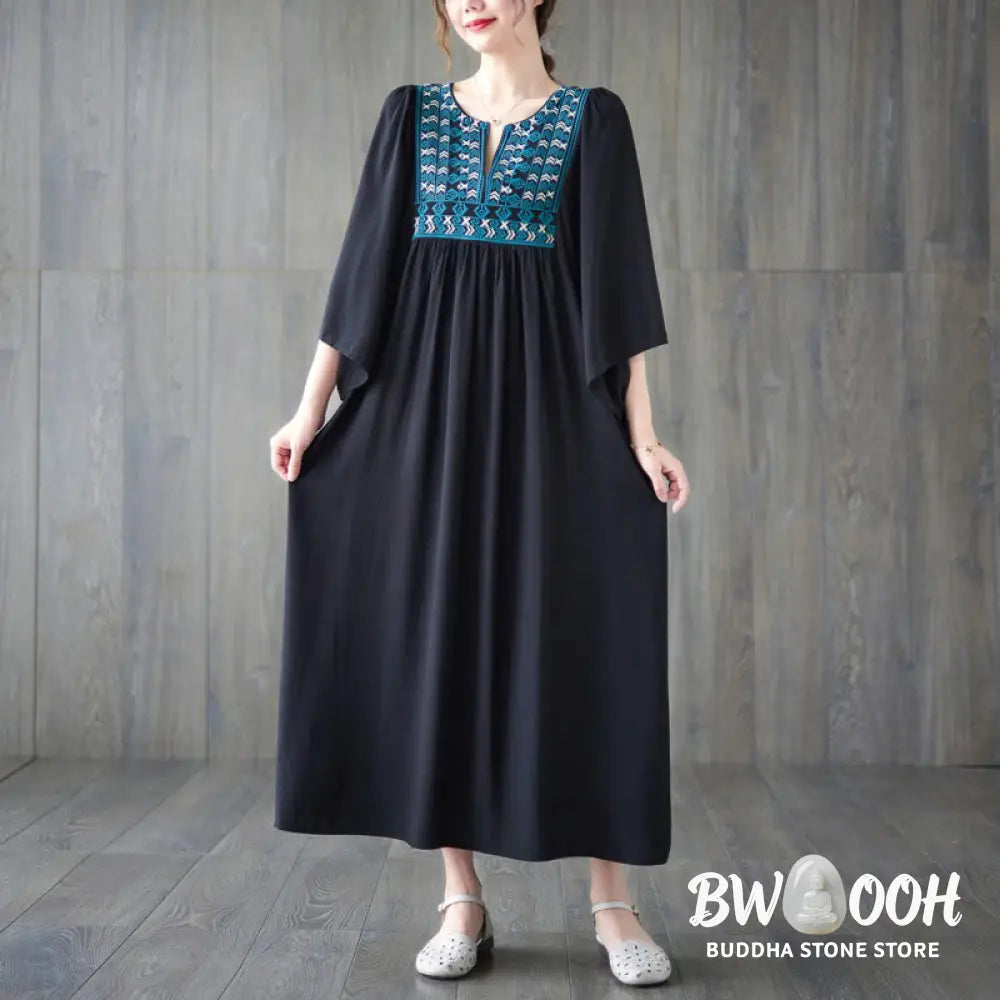 Buddha Stones Embroidery Notched Ruffled Hem Midi Dress With Pockets - Midi Dress