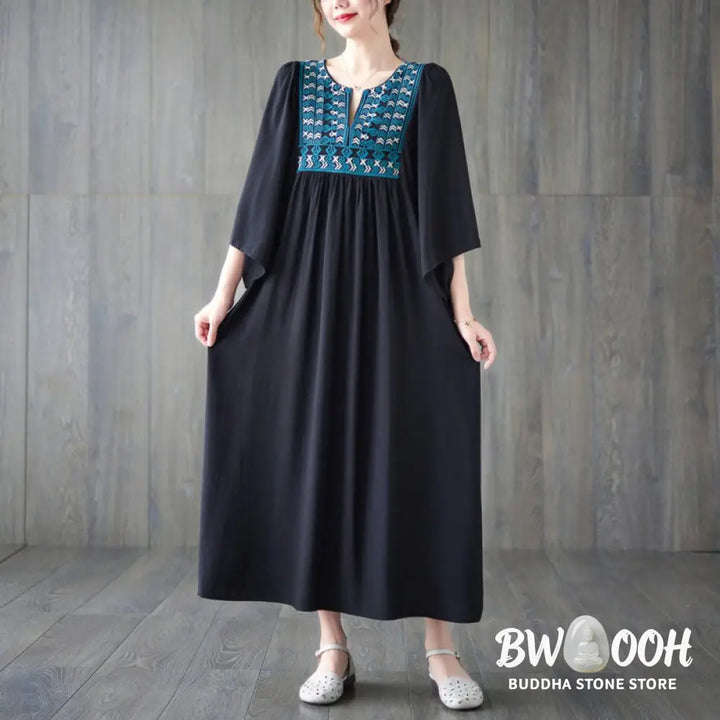 Buddha Stones Embroidery Notched Ruffled Hem Midi Dress With Pockets - Midi Dress