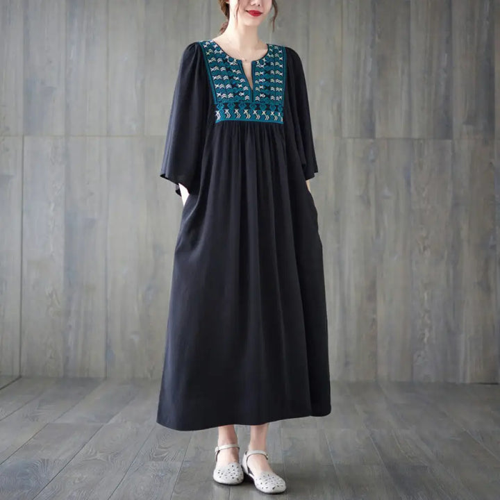 Buddha Stones Embroidery Notched Ruffled Hem Midi Dress With Pockets - Black / F(Fit for US4-12; UK/AU8-16; EU36-44)