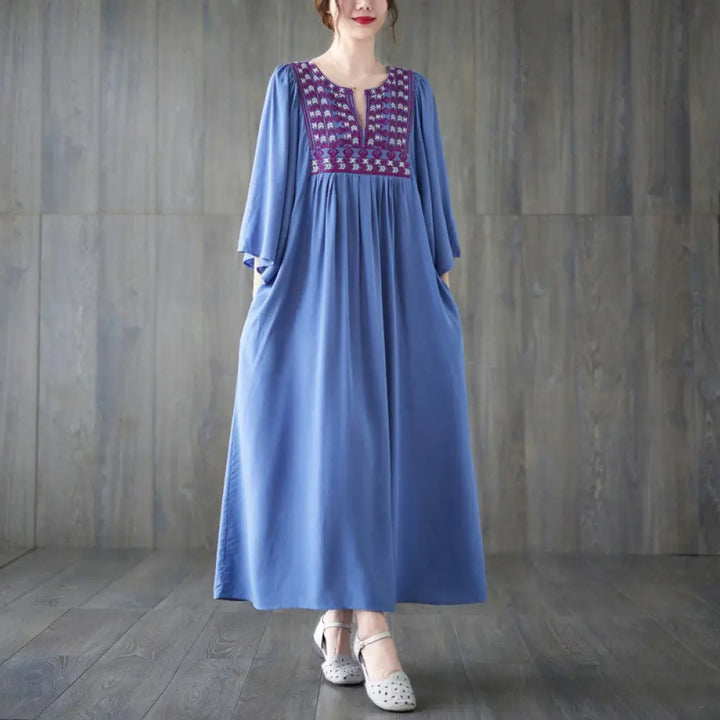 Buddha Stones Embroidery Notched Ruffled Hem Midi Dress With Pockets - LightSkyBlue / F(Fit for US4-12; UK/AU8-16;