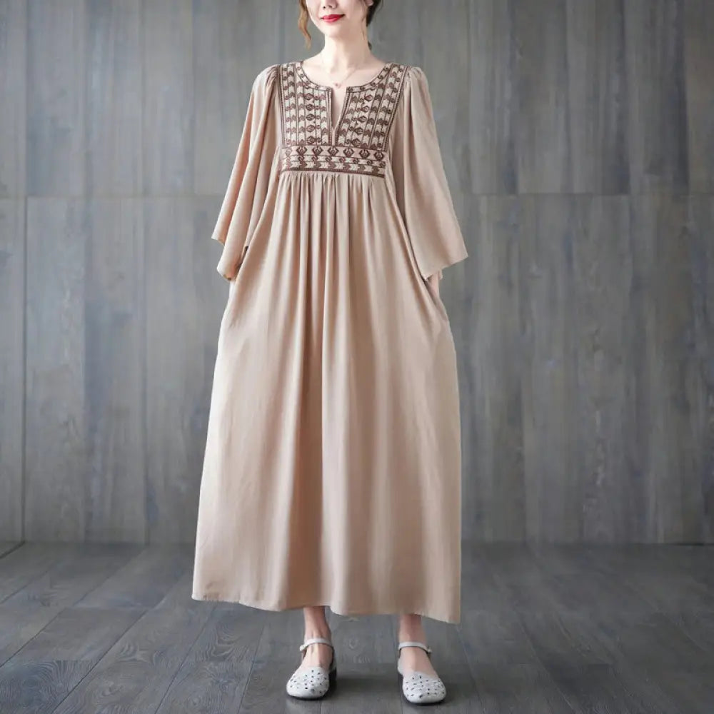 Buddha Stones Embroidery Notched Ruffled Hem Midi Dress With Pockets - Wheat / F(Fit for US4-12; UK/AU8-16; EU36-44)