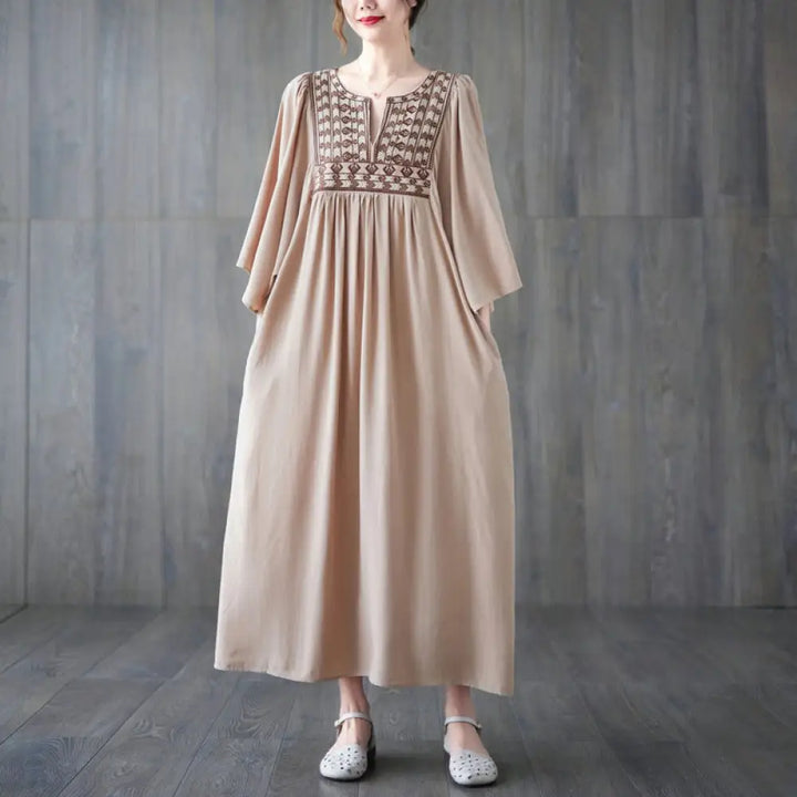 Buddha Stones Embroidery Notched Ruffled Hem Midi Dress With Pockets - Wheat / F(Fit for US4-12; UK/AU8-16; EU36-44)