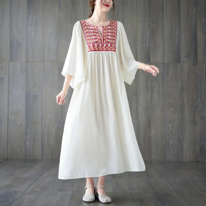 Buddha Stones Embroidery Notched Ruffled Hem Midi Dress With Pockets - White / F(Fit for US4-12; UK/AU8-16; EU36-44)