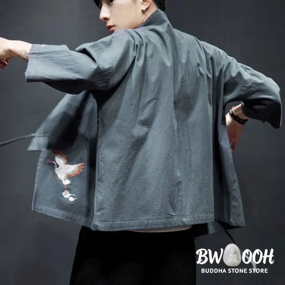 Buddha Stones Embroidery Open Front Jacket Cotton Linen Men’s Three Quarter Sleeve Kimono - Men’s Kimono