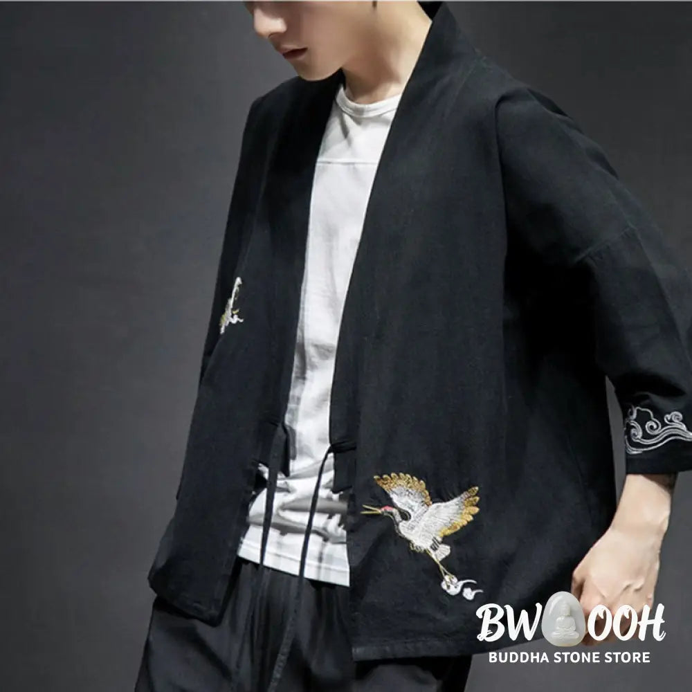 Buddha Stones Embroidery Open Front Jacket Cotton Linen Men’s Three Quarter Sleeve Kimono - Men’s Kimono