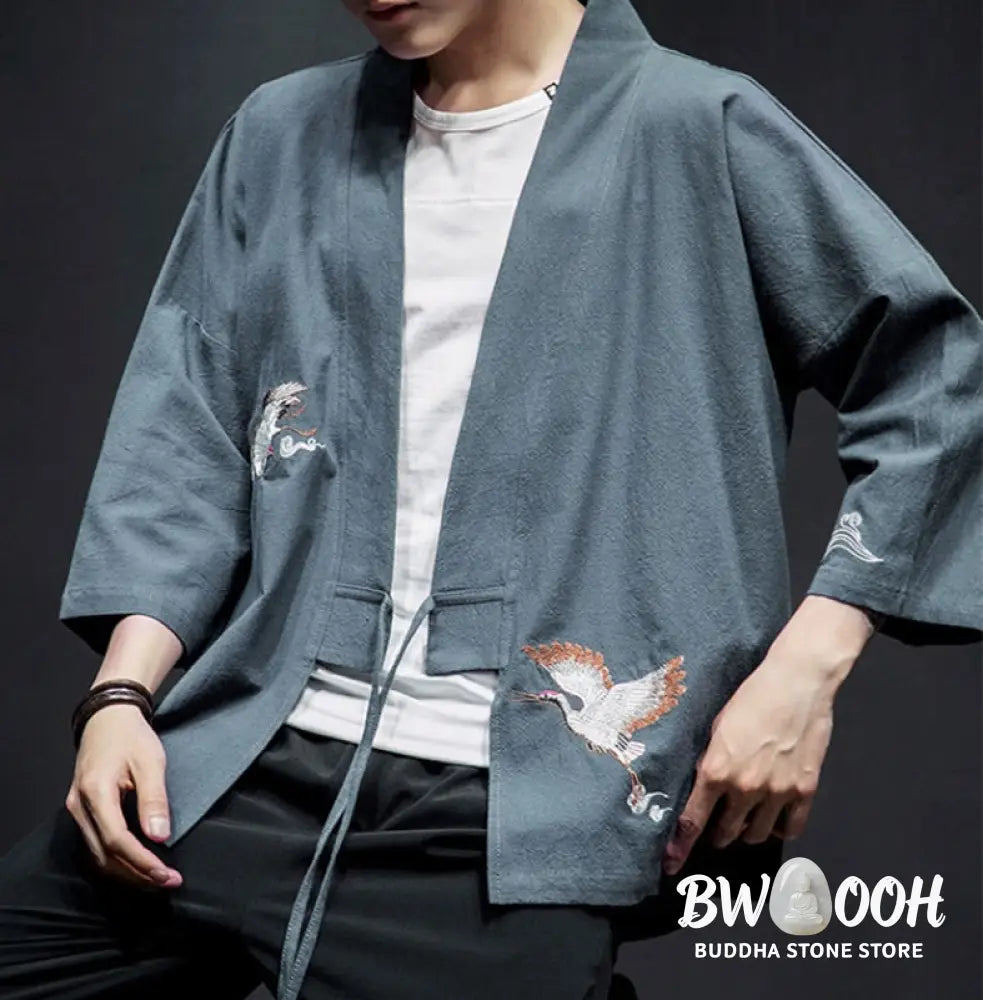 Buddha Stones Embroidery Open Front Jacket Cotton Linen Men’s Three Quarter Sleeve Kimono - Men’s Kimono