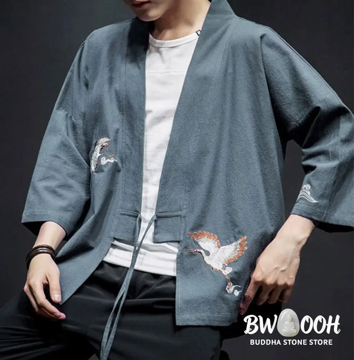 Buddha Stones Embroidery Open Front Jacket Cotton Linen Men’s Three Quarter Sleeve Kimono - Men’s Kimono
