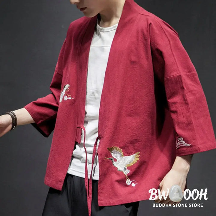 Buddha Stones Embroidery Open Front Jacket Cotton Linen Men’s Three Quarter Sleeve Kimono - Men’s Kimono