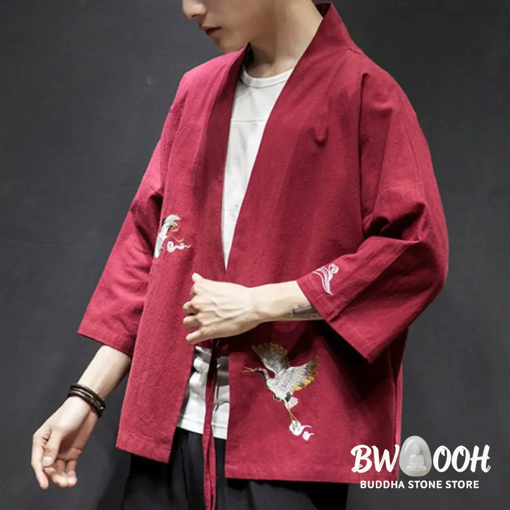 Buddha Stones Embroidery Open Front Jacket Cotton Linen Men’s Three Quarter Sleeve Kimono - Men’s Kimono