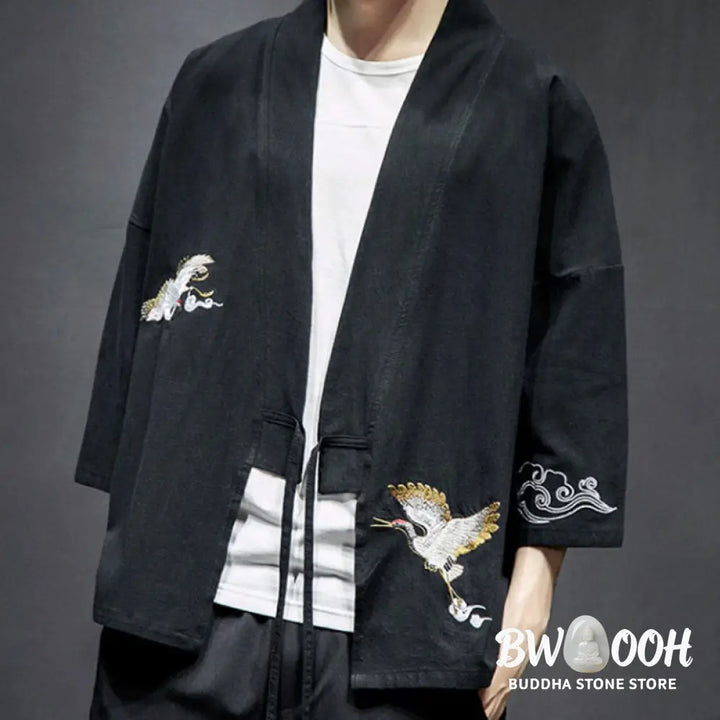 Buddha Stones Embroidery Open Front Jacket Cotton Linen Men’s Three Quarter Sleeve Kimono - Men’s Kimono