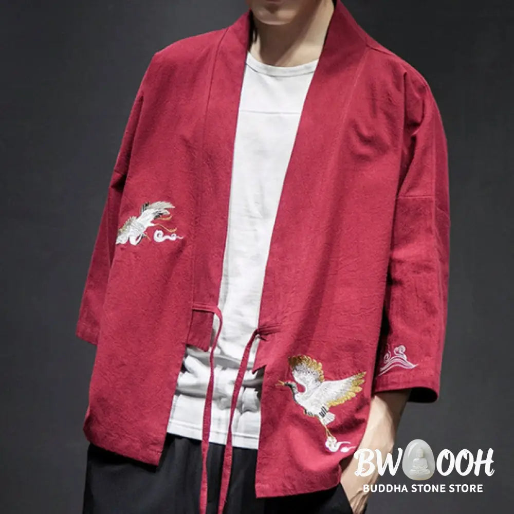 Buddha Stones Embroidery Open Front Jacket Cotton Linen Men’s Three Quarter Sleeve Kimono - Men’s Kimono