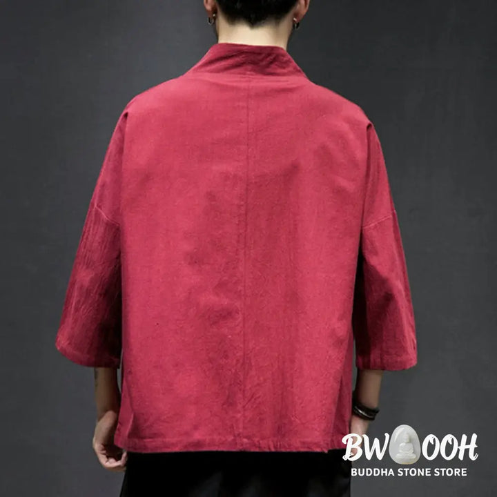 Buddha Stones Embroidery Open Front Jacket Cotton Linen Men’s Three Quarter Sleeve Kimono - Men’s Kimono