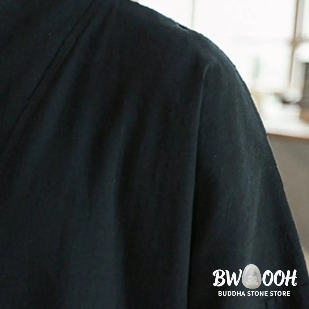 Buddha Stones Embroidery Open Front Jacket Cotton Linen Men’s Three Quarter Sleeve Kimono - Men’s Kimono