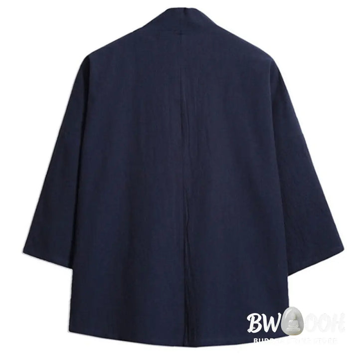 Buddha Stones Embroidery Open Front Jacket Cotton Linen Men’s Three Quarter Sleeve Kimono - Men’s Kimono