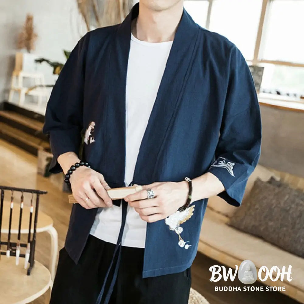 Buddha Stones Embroidery Open Front Jacket Cotton Linen Men’s Three Quarter Sleeve Kimono - Men’s Kimono