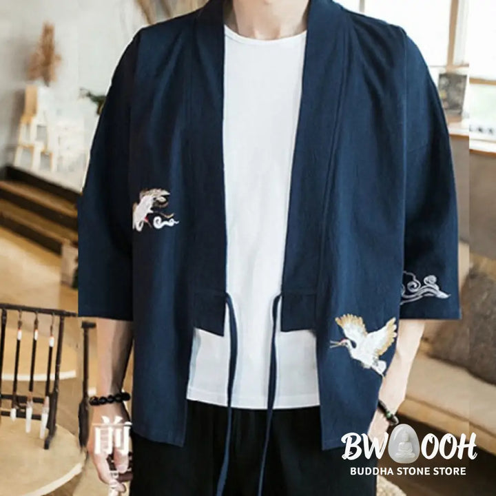 Buddha Stones Embroidery Open Front Jacket Cotton Linen Men’s Three Quarter Sleeve Kimono - Men’s Kimono