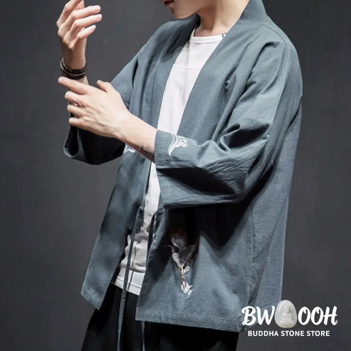 Buddha Stones Embroidery Open Front Jacket Cotton Linen Men’s Three Quarter Sleeve Kimono - Men’s Kimono