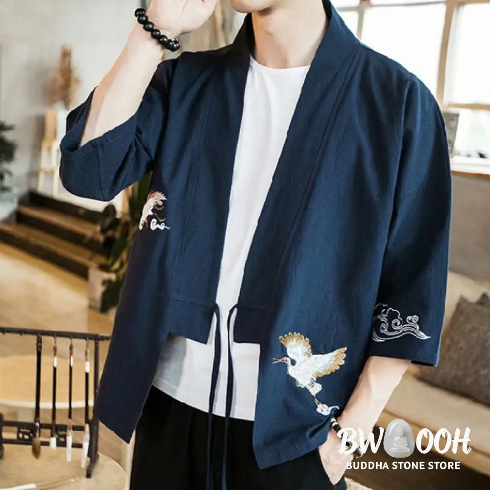 Buddha Stones Embroidery Open Front Jacket Cotton Linen Men’s Three Quarter Sleeve Kimono - Men’s Kimono
