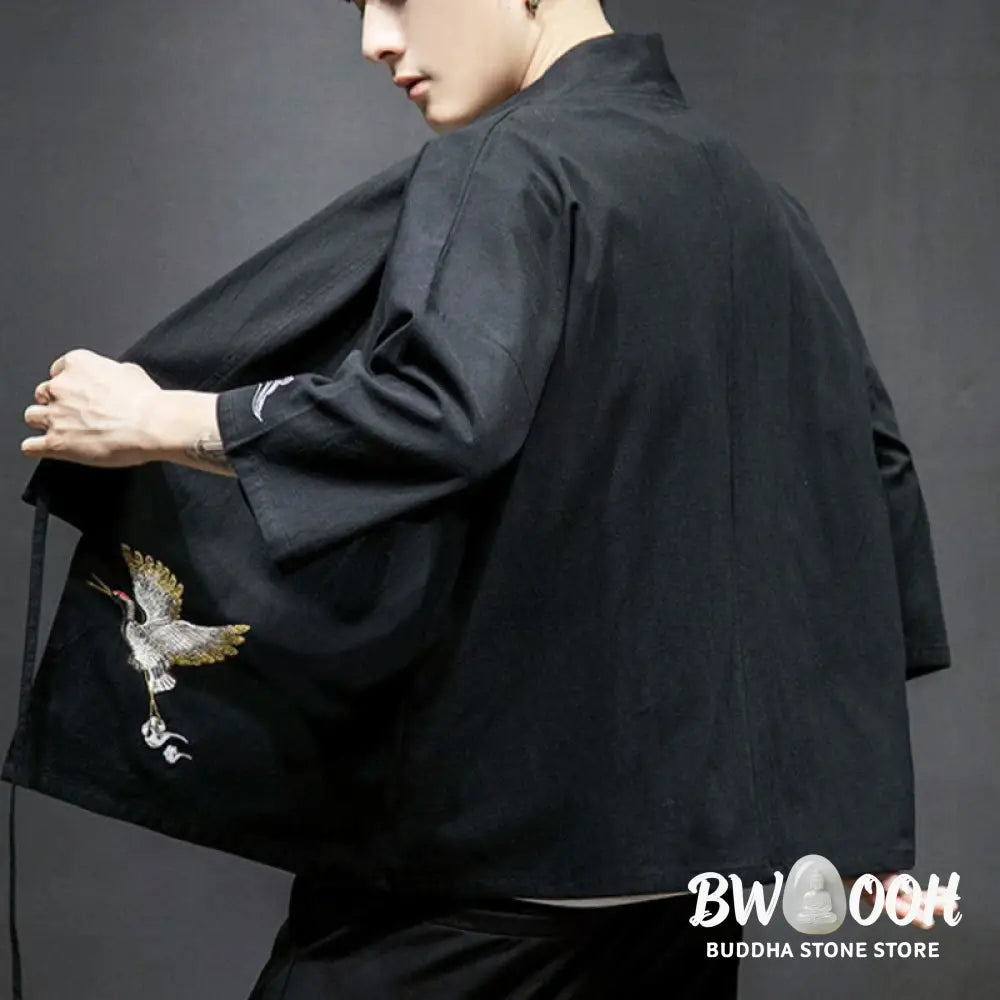 Buddha Stones Embroidery Open Front Jacket Cotton Linen Men’s Three Quarter Sleeve Kimono - Men’s Kimono