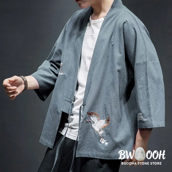 Buddha Stones Embroidery Open Front Jacket Cotton Linen Men’s Three Quarter Sleeve Kimono - Men’s Kimono
