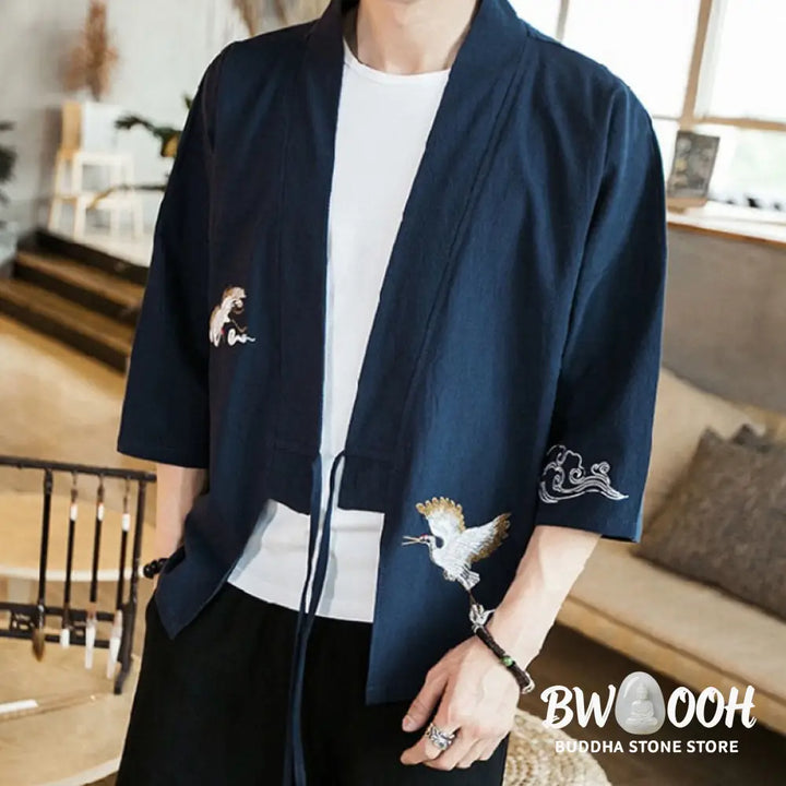 Buddha Stones Embroidery Open Front Jacket Cotton Linen Men’s Three Quarter Sleeve Kimono - Men’s Kimono