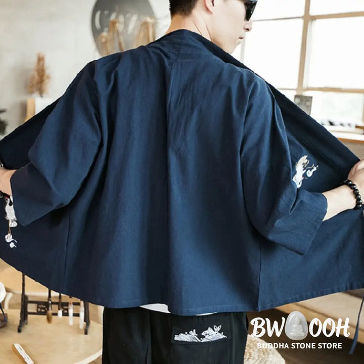 Buddha Stones Embroidery Open Front Jacket Cotton Linen Men’s Three Quarter Sleeve Kimono - Men’s Kimono
