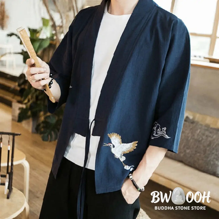 Buddha Stones Embroidery Open Front Jacket Cotton Linen Men’s Three Quarter Sleeve Kimono - Men’s Kimono