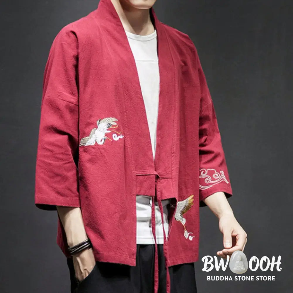 Buddha Stones Embroidery Open Front Jacket Cotton Linen Men’s Three Quarter Sleeve Kimono - Men’s Kimono