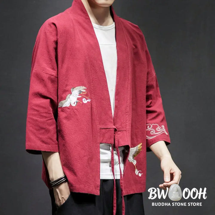 Buddha Stones Embroidery Open Front Jacket Cotton Linen Men’s Three Quarter Sleeve Kimono - Men’s Kimono