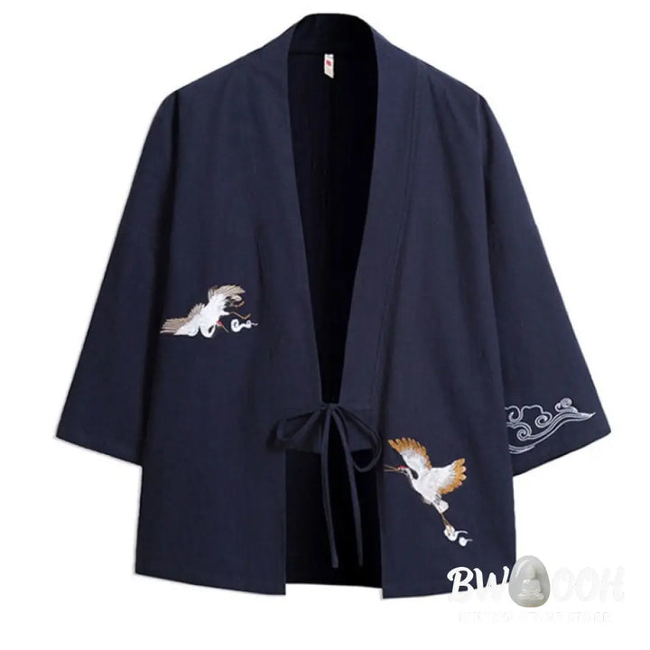 Buddha Stones Embroidery Open Front Jacket Cotton Linen Men’s Three Quarter Sleeve Kimono - Men’s Kimono