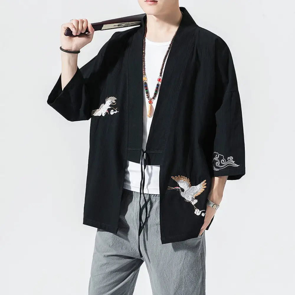 Buddha Stones Embroidery Open Front Jacket Cotton Linen Men’s Three Quarter Sleeve Kimono - Black / US/UK/AU36，EU46 (L)